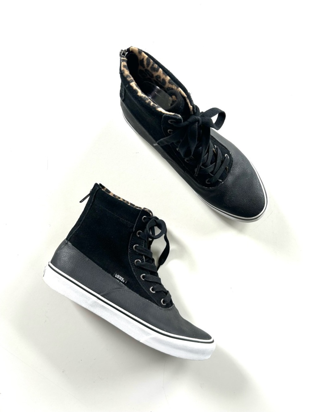 Vans Black Suede Leather Zip Sk8-Hi Slim High Top Leopard Print Lining Sneakers